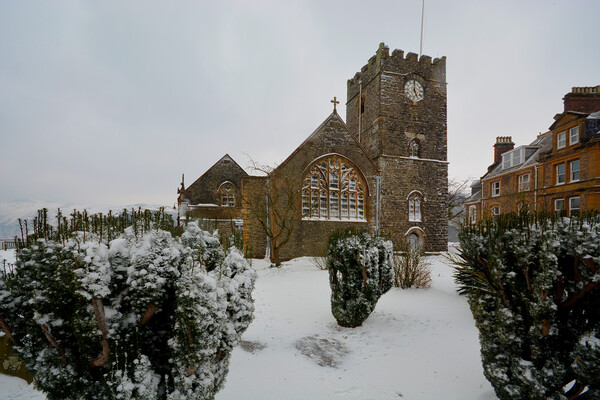 St Mary's Church Lynton in the snow Picture Board by graham young