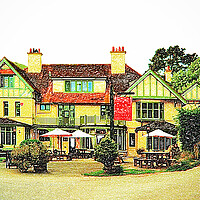 Buy canvas prints of The Hunters Inn (coloured drawing effect) by graham young