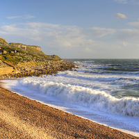 Buy canvas prints of Sunlight On Chesil Cove by Nicola Clark