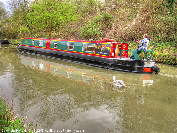 Serene Reflections of a Traditional Narrowboat Picture Board by Nicola Clark