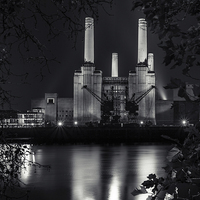 Buy canvas prints of Battersea Power Station at night (mono) by Izzy Standbridge