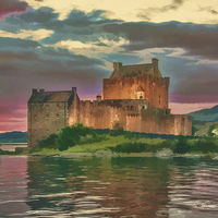 Buy canvas prints of Eilean Donan Sunset Watercolour Effect by Chris Thaxter