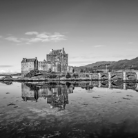 Buy canvas prints of Eilean Donan Castle Black and White by Chris Thaxter