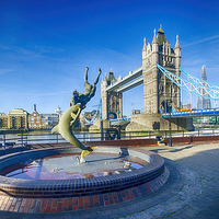 Buy canvas prints of  Girl with a Dolphin at Tower Bridge by Chris Thaxter