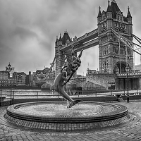 Buy canvas prints of  Girl with a Dolphin at Tower Bridge 2 by Chris Thaxter