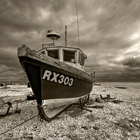 Buy canvas prints of Dungeness Boat under Cloudy Skies by Bel Menpes
