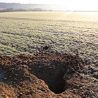Buy canvas prints of Badger Den Burrow in Frosty Field by Mark Purches