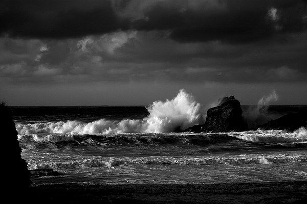 Crashing Waves at Trevone Bay in Black and White Picture Board by Samantha Higgs