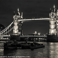 Buy canvas prints of Tower Bridge at Night with London Barges by Dawn O'Connor
