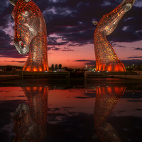 Buy canvas prints of Kelpies at sunset by Sam Smith