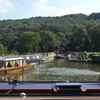 Buy canvas prints of Barge Diana Crossing Dundas Aqueduct by Jim Hellier
