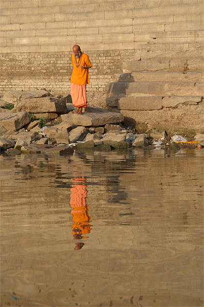 Reflection of a Saddhu, River Ganges, Varanasi, In Framed Print by Serena Bowles