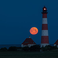 Buy canvas prints of Moonset at Lighthouse in Westerhever by Thomas Schaeffer