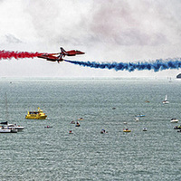 Buy canvas prints of  Red Arrows at Bournemouth by Geoff Storey