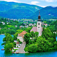 Buy canvas prints of Lake Bled Island, Slovenia by Kate Barley