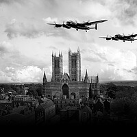 Buy canvas prints of Lancaster Over Lincoln Cathedral - Mono Version by J Biggadike