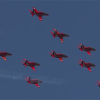 Buy canvas prints of Red Arrows Lancaster Formation by J Biggadike