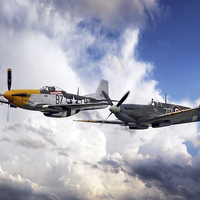 Buy canvas prints of Mustang and Spitfire  by J Biggadike