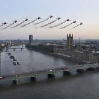 Buy canvas prints of Red Arrows at Westminster  by J Biggadike