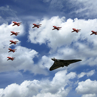 Buy canvas prints of Red Arrows and Vulcan XH558 by J Biggadike