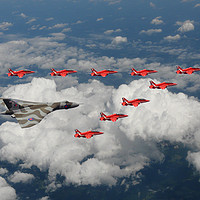 Buy canvas prints of Vulcan with Red Arrows by J Biggadike