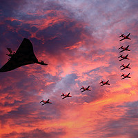 Buy canvas prints of Vulcan XH558 and Red Arrows by J Biggadike