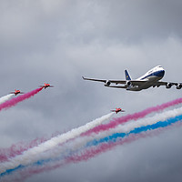 Buy canvas prints of Red Arrows and BOAC 747 Fly Past by J Biggadike