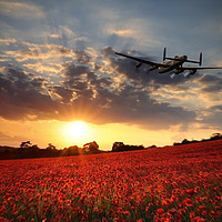 Buy canvas prints of Lancaster Bomber Sunset Return by J Biggadike