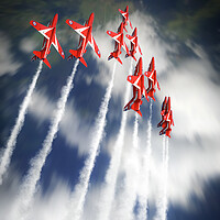 Buy canvas prints of Red Arrows In Flight by J Biggadike