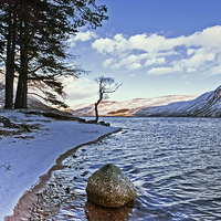 Buy canvas prints of snowy shores of Loch Muick by alan bain