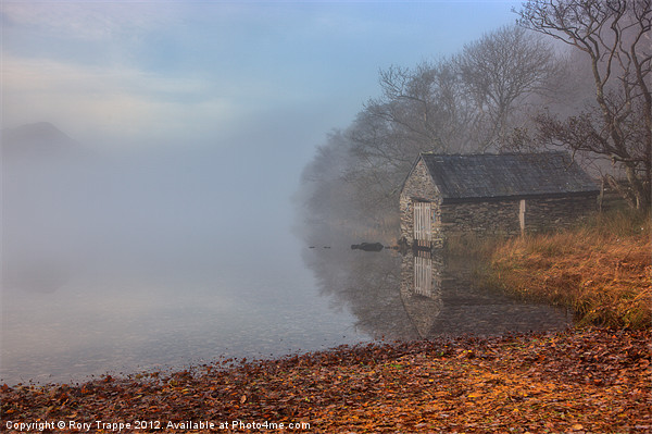 Llyn Dinas boat house in the mist Picture Board by Rory Trappe