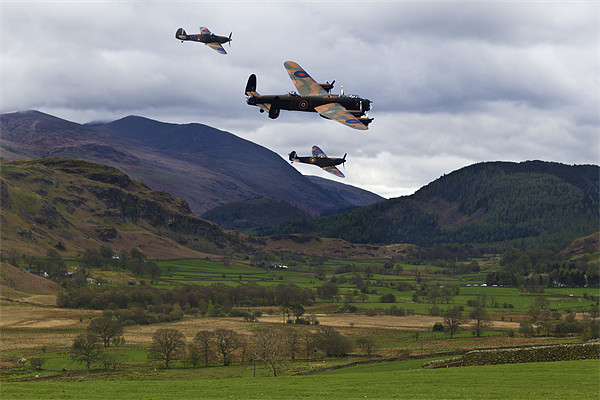 Lancaster bomber and wingmen. Picture Board by Kevin Tate