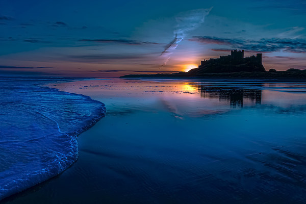 Bamburgh Blue Sunrise Picture Board by Kevin Tate