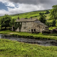 Buy canvas prints of Cottage alongside the River Wharfe by Trevor Kersley RIP