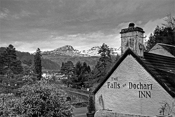 The view from the Falls of Dochart Inn - B&W Picture Board by Tom Gomez
