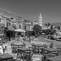 Buy canvas prints of Bell Tower and Tables B&W by Tom Gomez