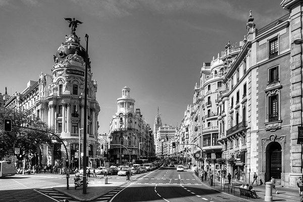 The end of the Calle de Alcalá B&W Picture Board by Tom Gomez