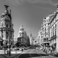 Buy canvas prints of The end of the Calle de Alcalá B&W by Tom Gomez