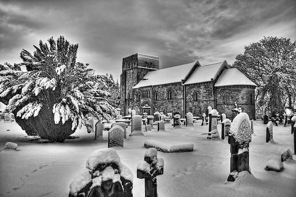 St Cuthbert's in the Snow B&W Picture Board by Tom Gomez