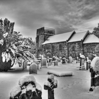 Buy canvas prints of St Cuthbert's in the Snow B&W by Tom Gomez