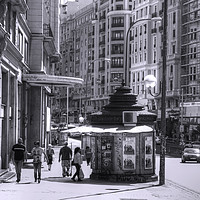 Buy canvas prints of Newspaper Stand on the Gran Via - B&W by Tom Gomez