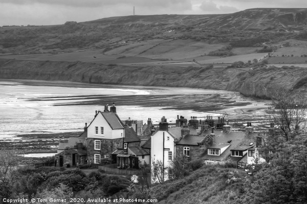 First view of Robin Hoods Bay - B&W Picture Board by Tom Gomez
