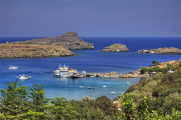 Boats in Lindos Bay Picture Board by Tom Gomez