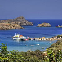 Buy canvas prints of Boats in Lindos Bay by Tom Gomez