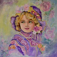Buy canvas prints of Yumi Sugai.A girl in a purple flower hat. by Yumi Sugai