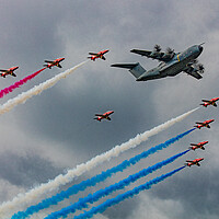 Buy canvas prints of Airbus A400 with the Red Arrows by Chris Lord