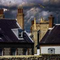 Buy canvas prints of  Seaside Chimney Pots at Sunset by Chris Lord