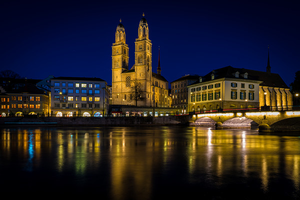 Grossmunster Church At Blue Hour In Zurich Picture Board by Chris Lord