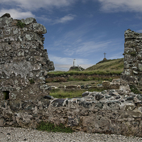 Buy canvas prints of St Dwynwen cross and Twr Mawr lighthouse by Eddie John