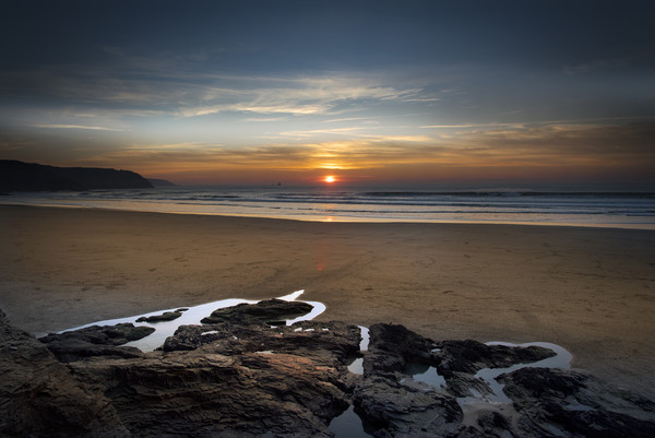 Sunset at Perranporth beach Cornwall Picture Board by Eddie John
